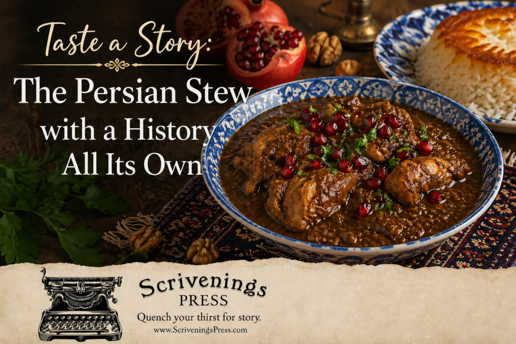 Persian stew with pomegranate and walnuts beside rice, featuring the title “Taste a Story: The Persian Stew with a History All Its Own.”