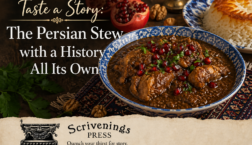 Persian stew with pomegranate and walnuts beside rice, featuring the title “Taste a Story: The Persian Stew with a History All Its Own.”