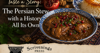 Persian stew with pomegranate and walnuts beside rice, featuring the title “Taste a Story: The Persian Stew with a History All Its Own.”