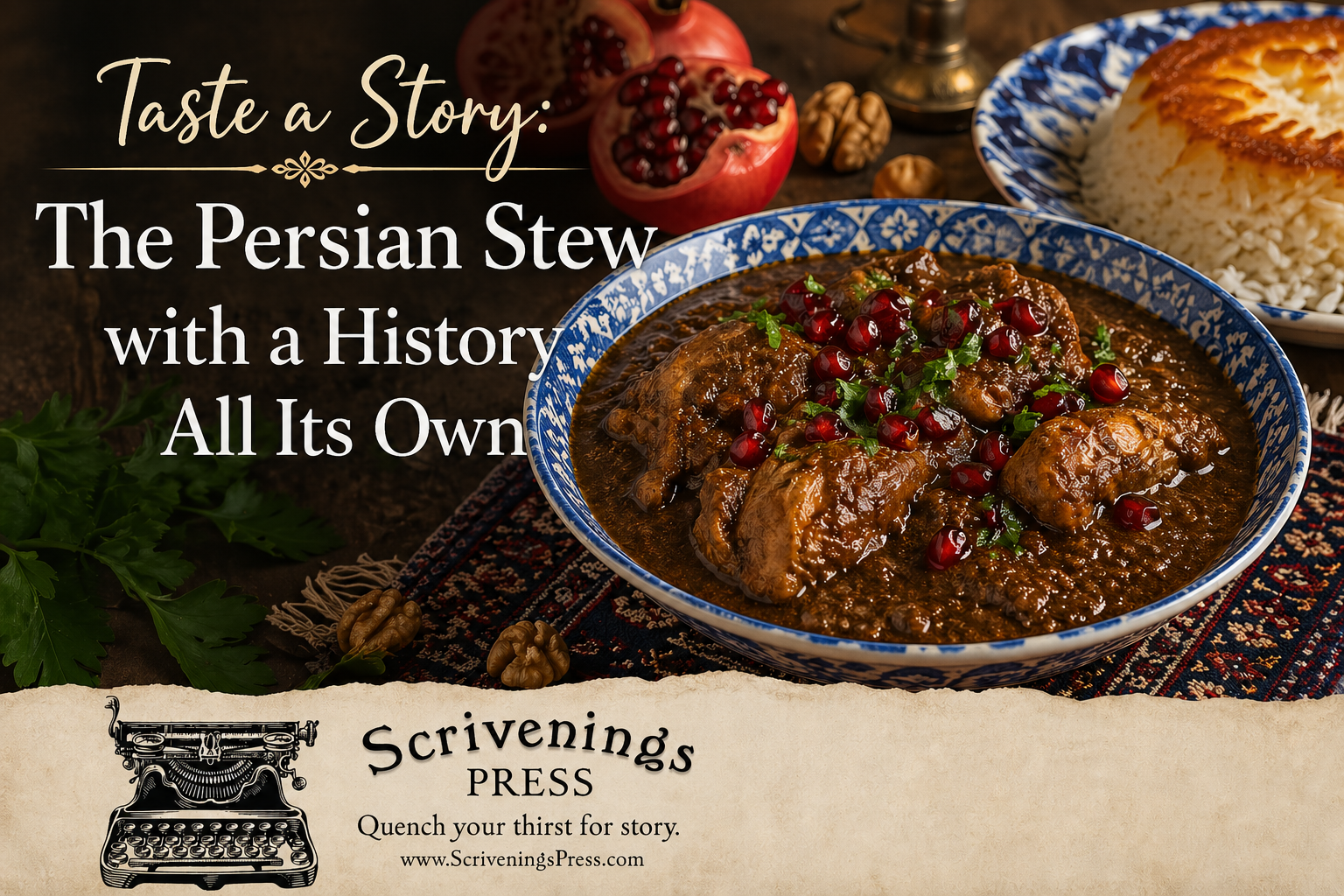 Persian stew with pomegranate and walnuts beside rice, featuring the title “Taste a Story: The Persian Stew with a History All Its Own.”