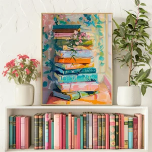 Colorful framed artwork of stacked books displayed on a shelf above a row of books and decorative plants.