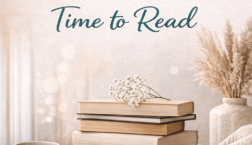 Pinterest graphic for blog post “Why We Keep Buying Books We Don’t Have Time to Read” featuring a cozy reading scene with stacked books and warm tones.