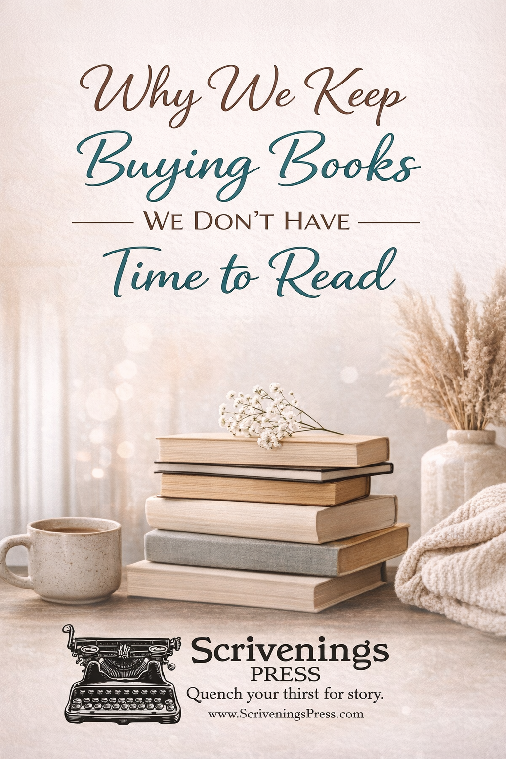 Pinterest graphic for blog post “Why We Keep Buying Books We Don’t Have Time to Read” featuring a cozy reading scene with stacked books and warm tones.