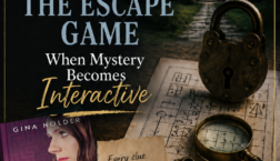 Promotional graphic for the blog post “The Puzzles Behind The Escape Game,” featuring a dark mansion, antique lock, magnifying glass, keys, puzzle notes, and Scrivenings Press branding.