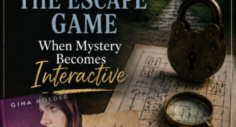 Promotional graphic for the blog post “The Puzzles Behind The Escape Game,” featuring a dark mansion, antique lock, magnifying glass, keys, puzzle notes, and Scrivenings Press branding.
