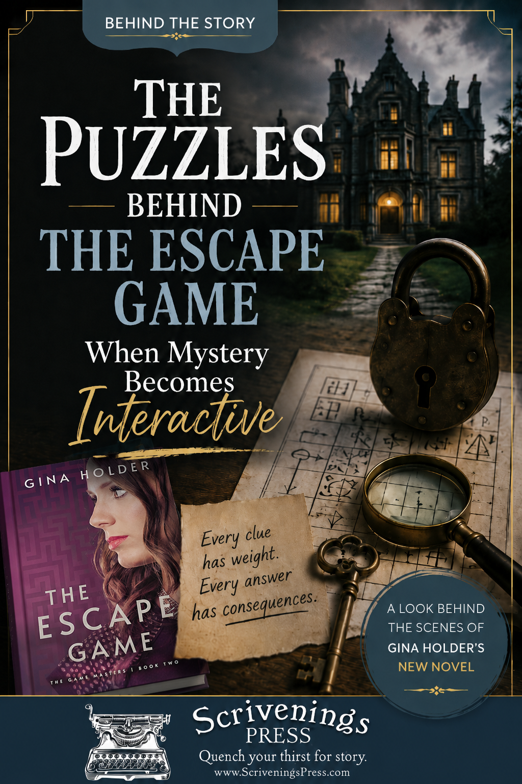Promotional graphic for the blog post “The Puzzles Behind The Escape Game,” featuring a dark mansion, antique lock, magnifying glass, keys, puzzle notes, and Scrivenings Press branding.