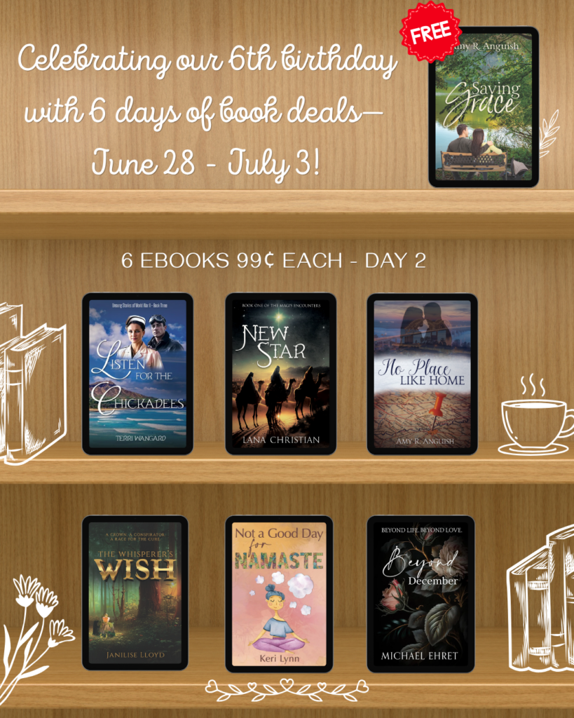Scrivenings Press 6th birthday sale graphic featuring Day 2 book deals, including one free eBook and six 99¢ eBooks available for one day only, June 28–July 3.