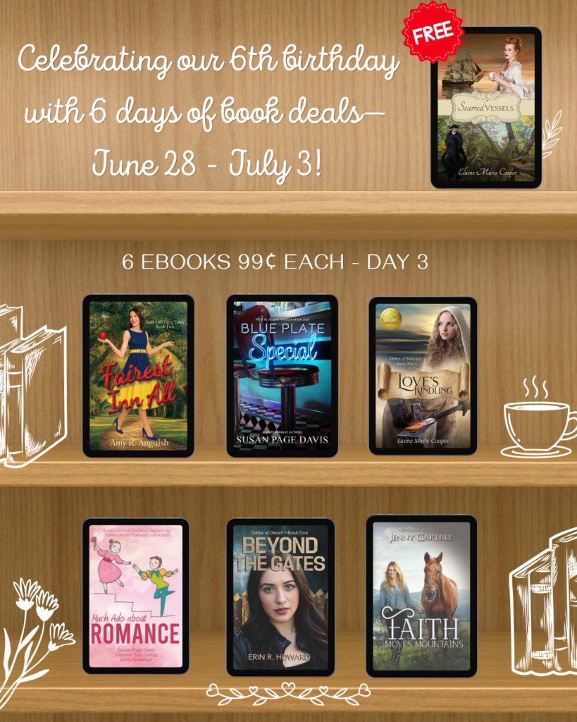 Scrivenings Press 6th birthday sale graphic featuring Day 3 book deals, including one free eBook and six 99¢ eBooks available for one day only, June 28–July 3.