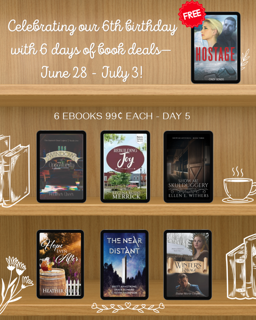 Day 5 graphic for Scrivenings Press’s 6th birthday celebration, featuring one free eBook and six 99¢ eBook deals available for one day only during the June 28–July 3 sale.