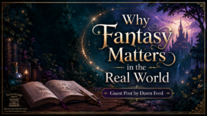 Fantasy blog graphic for Dawn Ford’s guest post, “Why Fantasy Matters in the Real World,” featuring an open storybook, magical sparkles, a castle, and the Scrivenings Press logo.