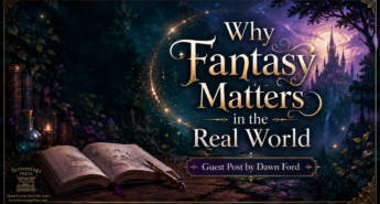 Fantasy blog graphic for Dawn Ford’s guest post, “Why Fantasy Matters in the Real World,” featuring an open storybook, magical sparkles, a castle, and the Scrivenings Press logo.