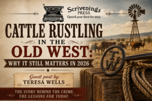 Vintage Western graphic for the Scrivenings Press guest post "Cattle Rustling in the Old West: Why It Still Matters in 2026" by Teresa Wells, featuring cattle, a windmill, a branding iron, and a coiled rope on a ranch.
