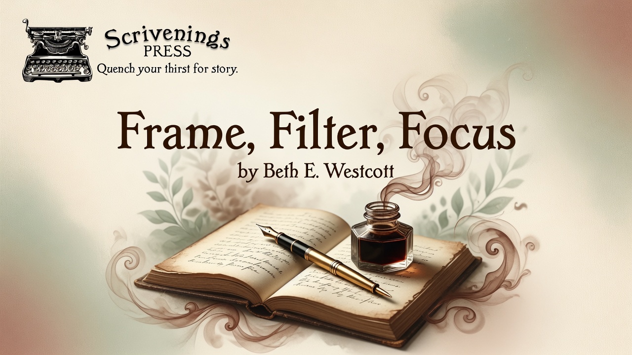 Scrivenings Press guest blog graphic featuring the title 'Frame, Filter, Focus' by Beth E. Westcott. Vintage typewriter logo with open book, fountain pen, and inkwell on a warm writer’s desk background.