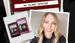 Behind-the-scenes promotional graphic for An Island Intrigue featuring author Casey Cline, her headshot, and the book shown in print and eBook formats against a vintage photo collage background.