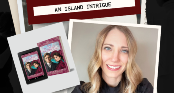 Behind-the-scenes promotional graphic for An Island Intrigue featuring author Casey Cline, her headshot, and the book shown in print and eBook formats against a vintage photo collage background.